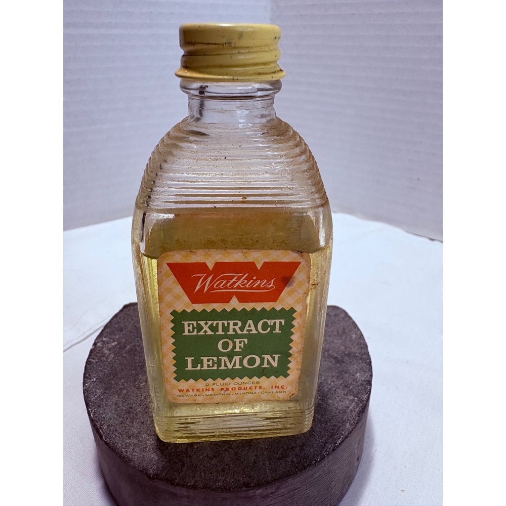 Vintage Watkins Extract of Lemon Glass Bottle 2oz Ribbed Collectible Prop Decor